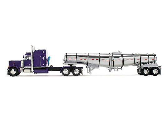 Peterbilt 379 with 63" Mid-Roof Sleeper and Polar Deep Drop Trailer Wild Orchid Purple with Black Stripes 1/64 Diecast Model by DCP/First Gear First Gear