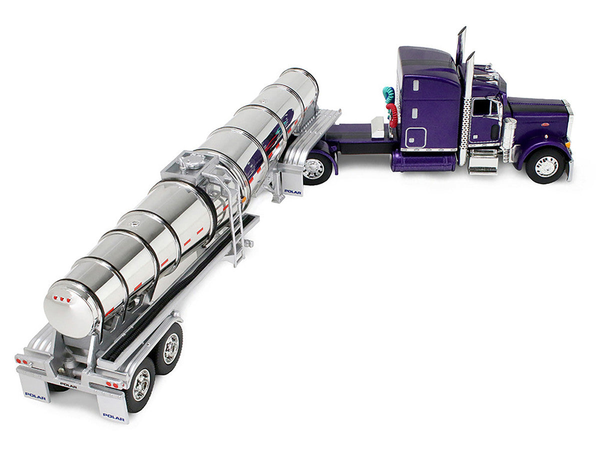 Peterbilt 379 with 63" Mid-Roof Sleeper and Polar Deep Drop Trailer Wild Orchid Purple with Black Stripes 1/64 Diecast Model by DCP/First Gear First Gear