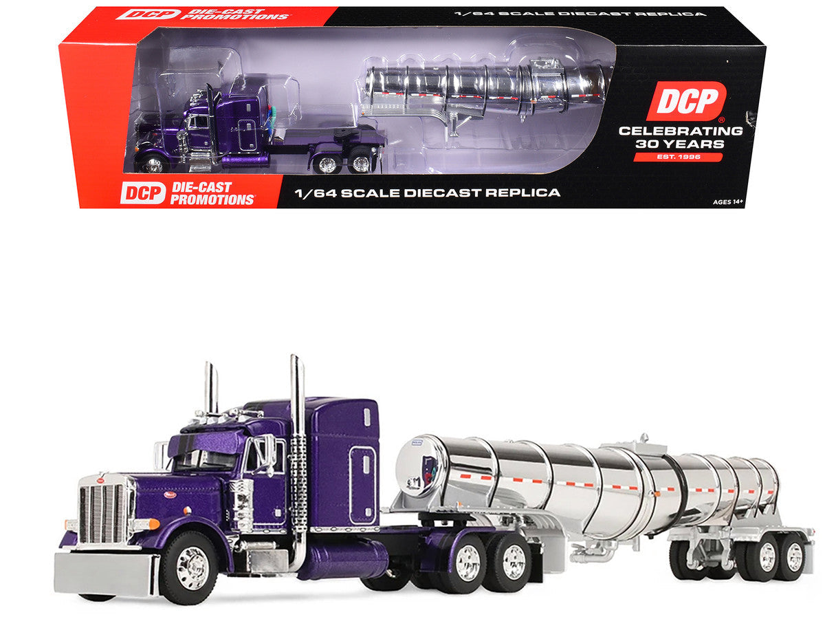Peterbilt 379 with 63" Mid-Roof Sleeper and Polar Deep Drop Trailer Wild Orchid Purple with Black Stripes 1/64 Diecast Model by DCP/First Gear First Gear