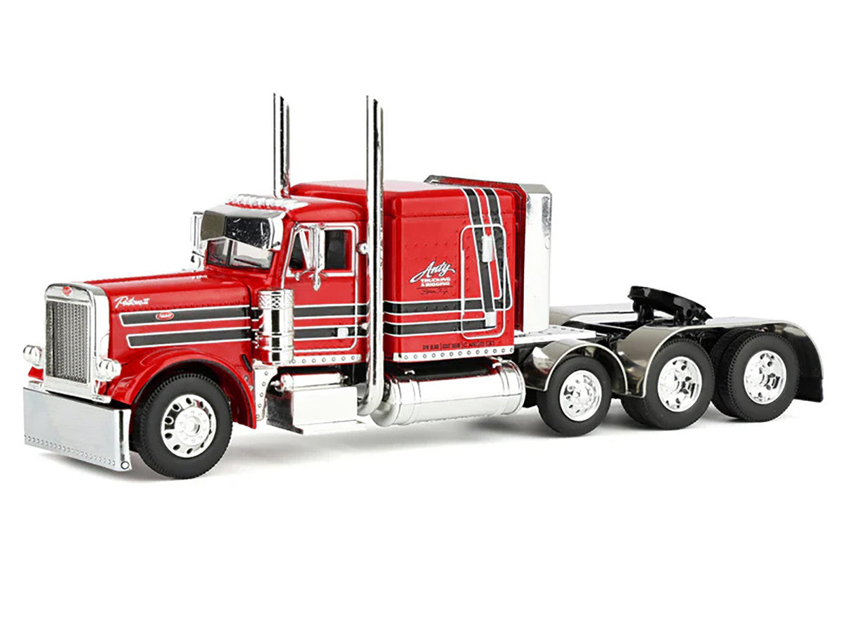Peterbilt 379 with 63" Flat Top Sleeper and Fontaine Magnitude Lowboy Trailer with Fliptail "Anty Trucking & Rigging" Red with Black Stripes 1/64 Diecast Model by DCP/First Gear First Gear