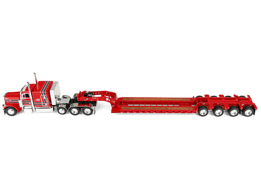 Peterbilt 379 with 63" Flat Top Sleeper and Fontaine Magnitude Lowboy Trailer with Fliptail "Anty Trucking & Rigging" Red with Black Stripes 1/64 Diecast Model by DCP/First Gear First Gear