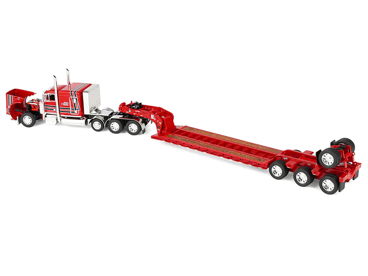 Peterbilt 379 with 63" Flat Top Sleeper and Fontaine Magnitude Lowboy Trailer with Fliptail "Anty Trucking & Rigging" Red with Black Stripes 1/64 Diecast Model by DCP/First Gear First Gear