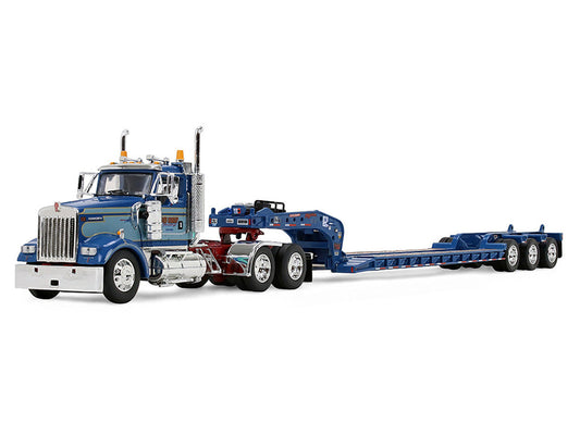 Kenworth W900L Day Cab and Fontaine Magnitude Lowboy Trailer "Sid Kamp" Blue and Light Blue Two-Tone 1/64 Diecast Model by DCP/First Gear First Gear
