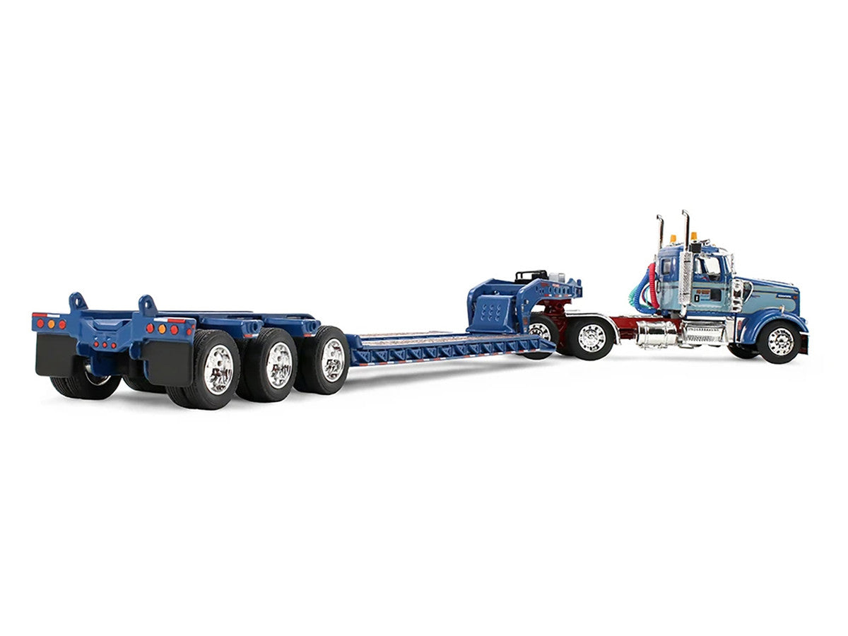 Kenworth W900L Day Cab and Fontaine Magnitude Lowboy Trailer "Sid Kamp" Blue and Light Blue Two-Tone 1/64 Diecast Model by DCP/First Gear First Gear