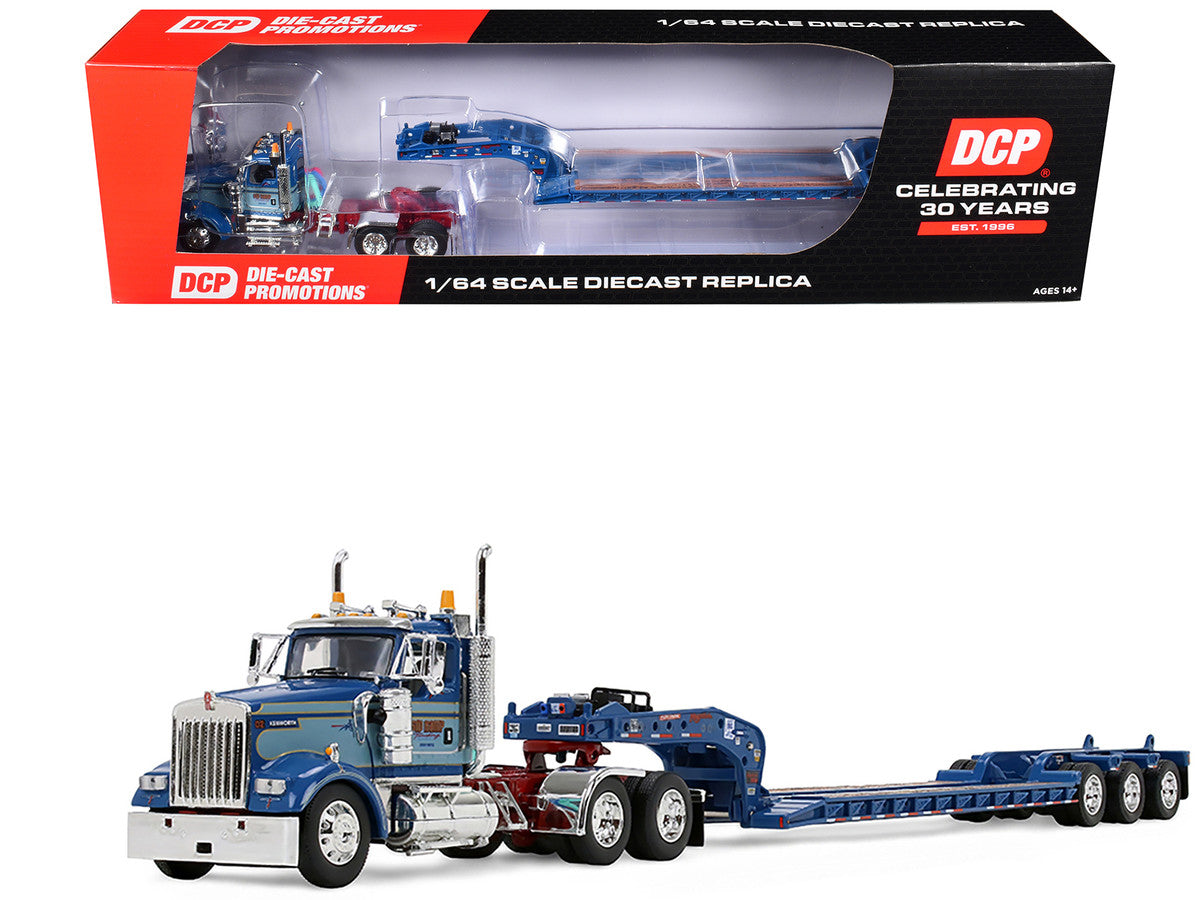 Kenworth W900L Day Cab and Fontaine Magnitude Lowboy Trailer "Sid Kamp" Blue and Light Blue Two-Tone 1/64 Diecast Model by DCP/First Gear First Gear