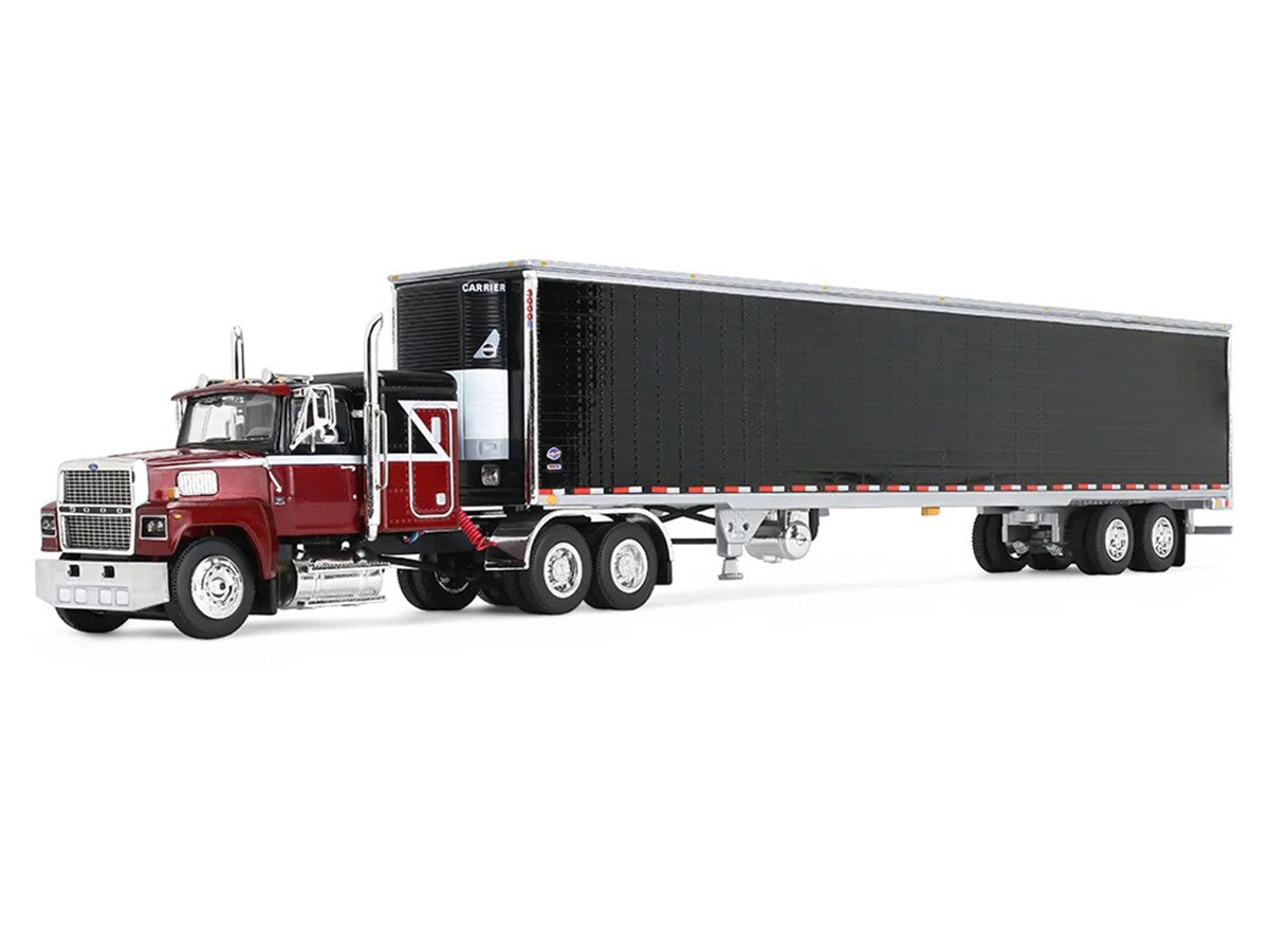 Ford LTL 9000 with 48" Flat Top Sleeper and 53' Utility Trailer with Reefer Volcano Red and Black 1/64 Diecast Model by First Gear First Gear