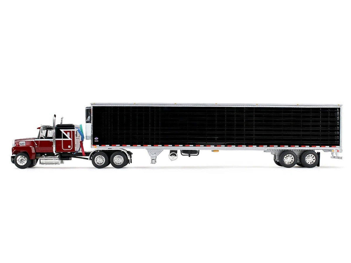 Ford LTL 9000 with 48" Flat Top Sleeper and 53' Utility Trailer with Reefer Volcano Red and Black 1/64 Diecast Model by First Gear First Gear