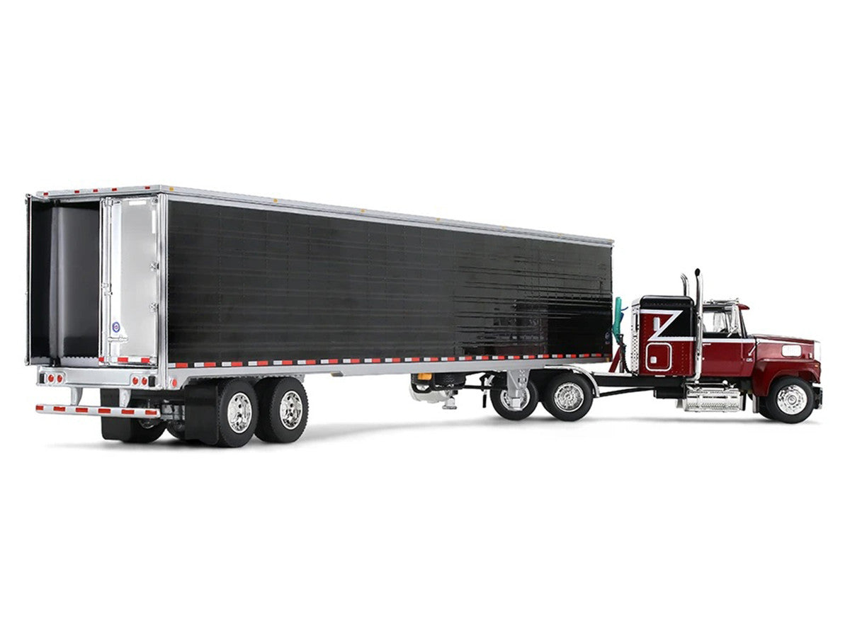 Ford LTL 9000 with 48" Flat Top Sleeper and 53' Utility Trailer with Reefer Volcano Red and Black 1/64 Diecast Model by First Gear First Gear