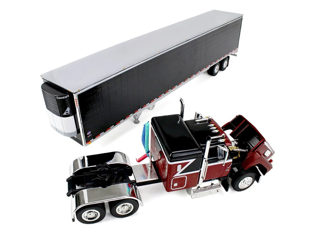 Ford LTL 9000 with 48" Flat Top Sleeper and 53' Utility Trailer with Reefer Volcano Red and Black 1/64 Diecast Model by First Gear First Gear