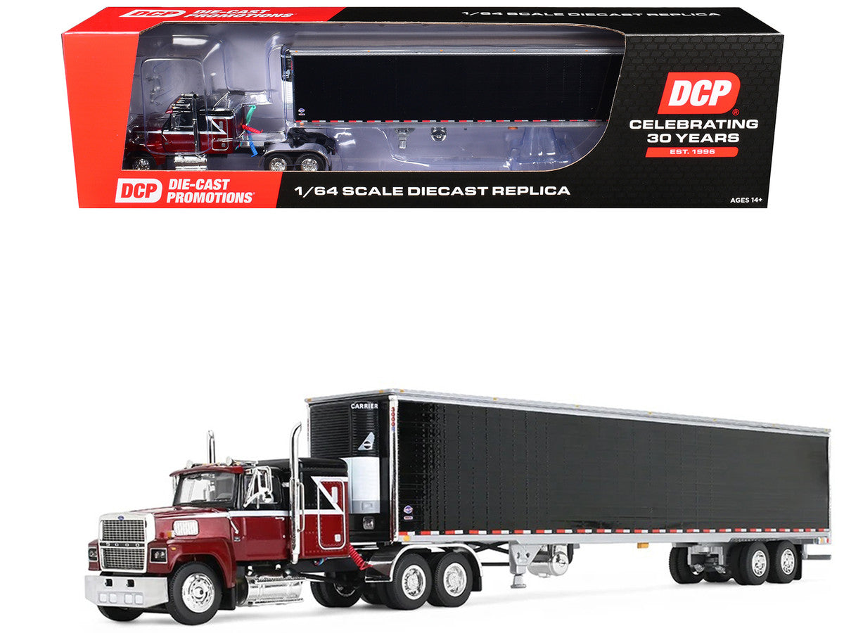 Ford LTL 9000 with 48" Flat Top Sleeper and 53' Utility Trailer with Reefer Volcano Red and Black 1/64 Diecast Model by First Gear First Gear