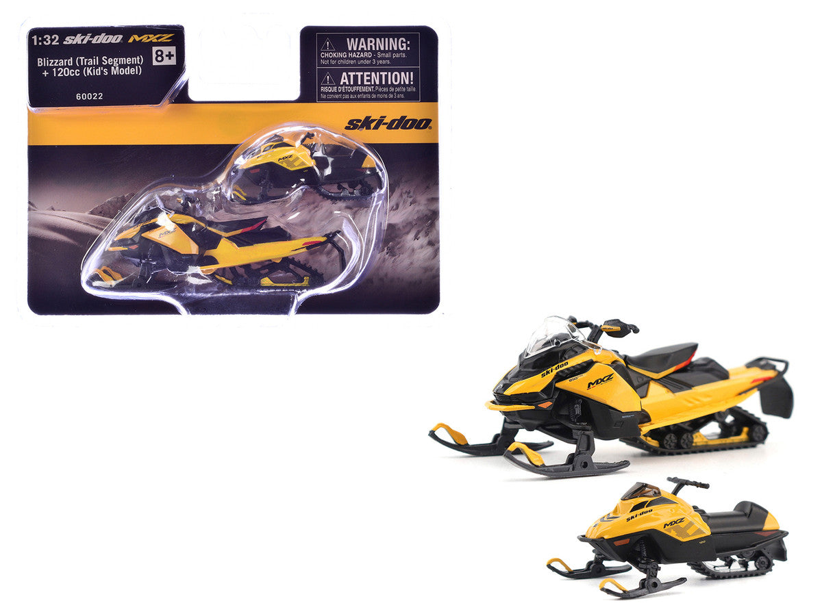 Ski-Doo MXZ Blizzard (Trail Segment) Neo Yellow and Ski-Doo MXZ 120cc (Kid's Model) Neo Yellow Set of 2 Snowmobiles 1/32 Diecast Models by BRP Models-0