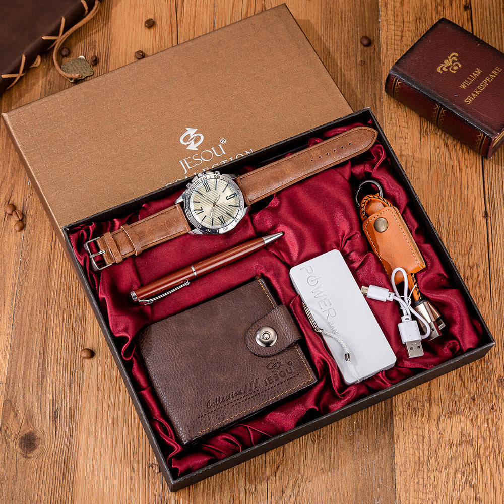 Mens Boutique Gift Set Wallet Power Bank Keychain Large Dial Quartz Watch Best YouTube Store