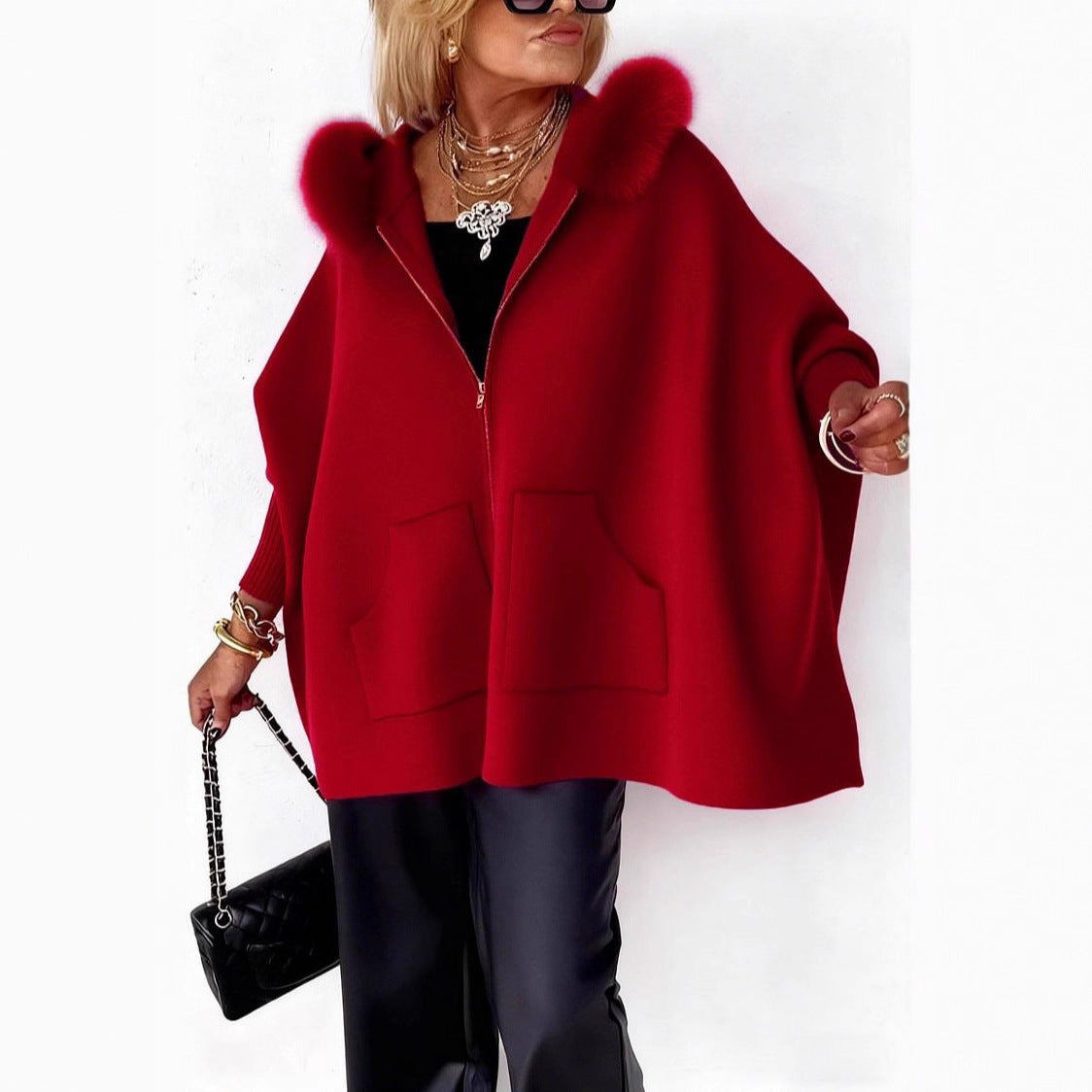 Ins Plush Hooded Cardigan Fashion Warm Pockets Zip-up Knitted Jacket Casual Outerwear Batwing Sleeve Sweater Women's Clothing Best YouTube Store