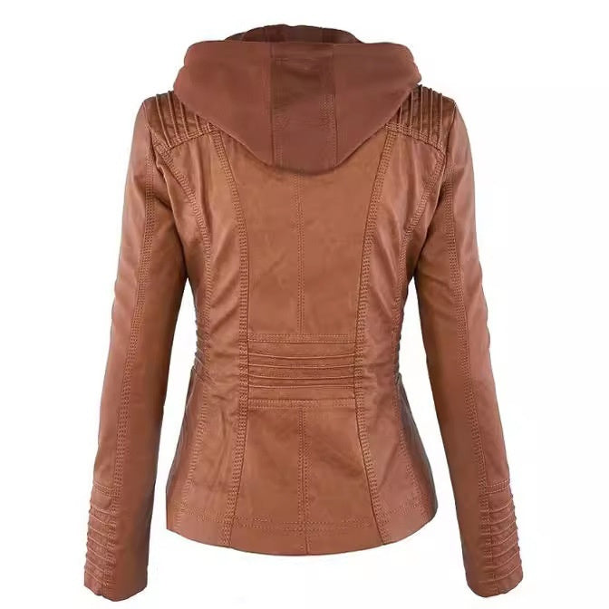 Women's Detachable Lapel Long Sleeve Solid Color Zipper Leather Jacket Coat LadyShow.Store