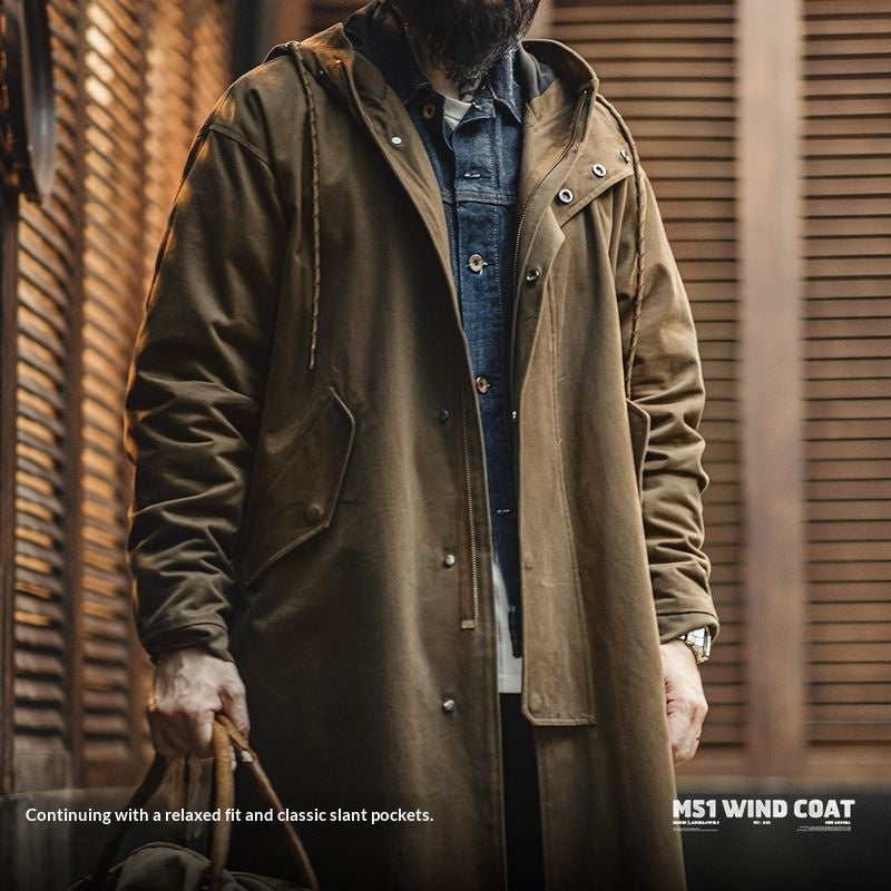 Military Style Brushed Fleece Hooded Windbreaker Loose Pure Cotton Mid-length Coat For Men Autumn Accent Plus
