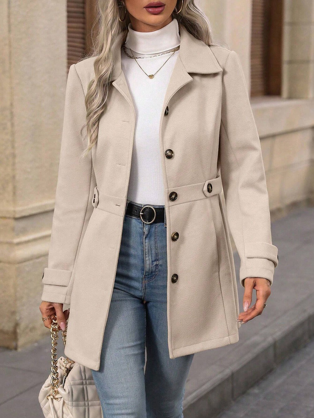Elegant Single-breasted Woolen Coat Buttons Lapel Mid-length Jacket Temperament Commuter Outwear Clothing For Women LadyShow.Store