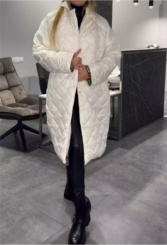 Winter Rhombus Stitching Coat Warm Solid Color Pocket Lapel Long Jacket Women's Clothing LadyShow.Store