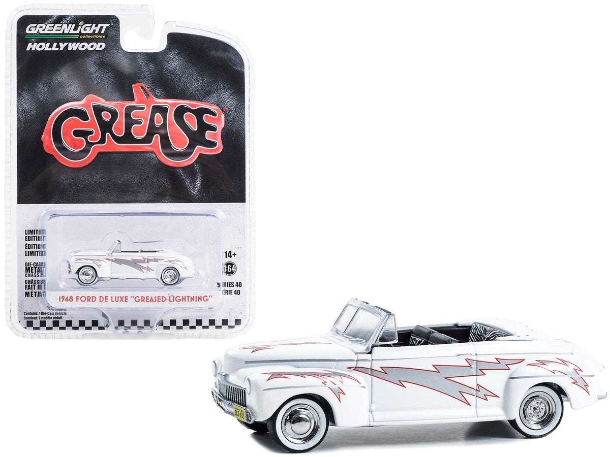 1948 Ford De Luxe Convertible "Greased Lightning" White with Graphics "Grease" (1978) Movie "Hollywood Series" Release 40 1/64 Diecast Model Car by Greenlight-0
