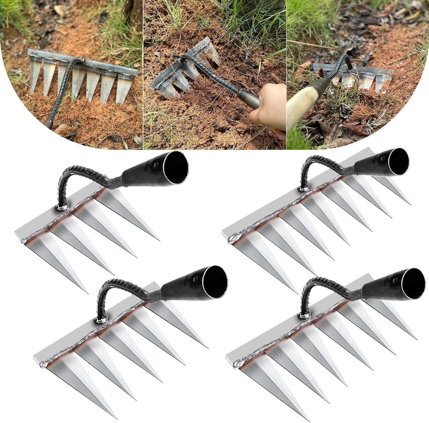 4 PCS Iron Rake, Garden Rake, Iron Rake The Heavy-Duty Iron Weeding Rake, Iron Rake Weeder With Handle, Iron Hoe Rake For Backyard Gardening Weeding Loosening Farm Planting - 4, 5, 6, 7 Tines