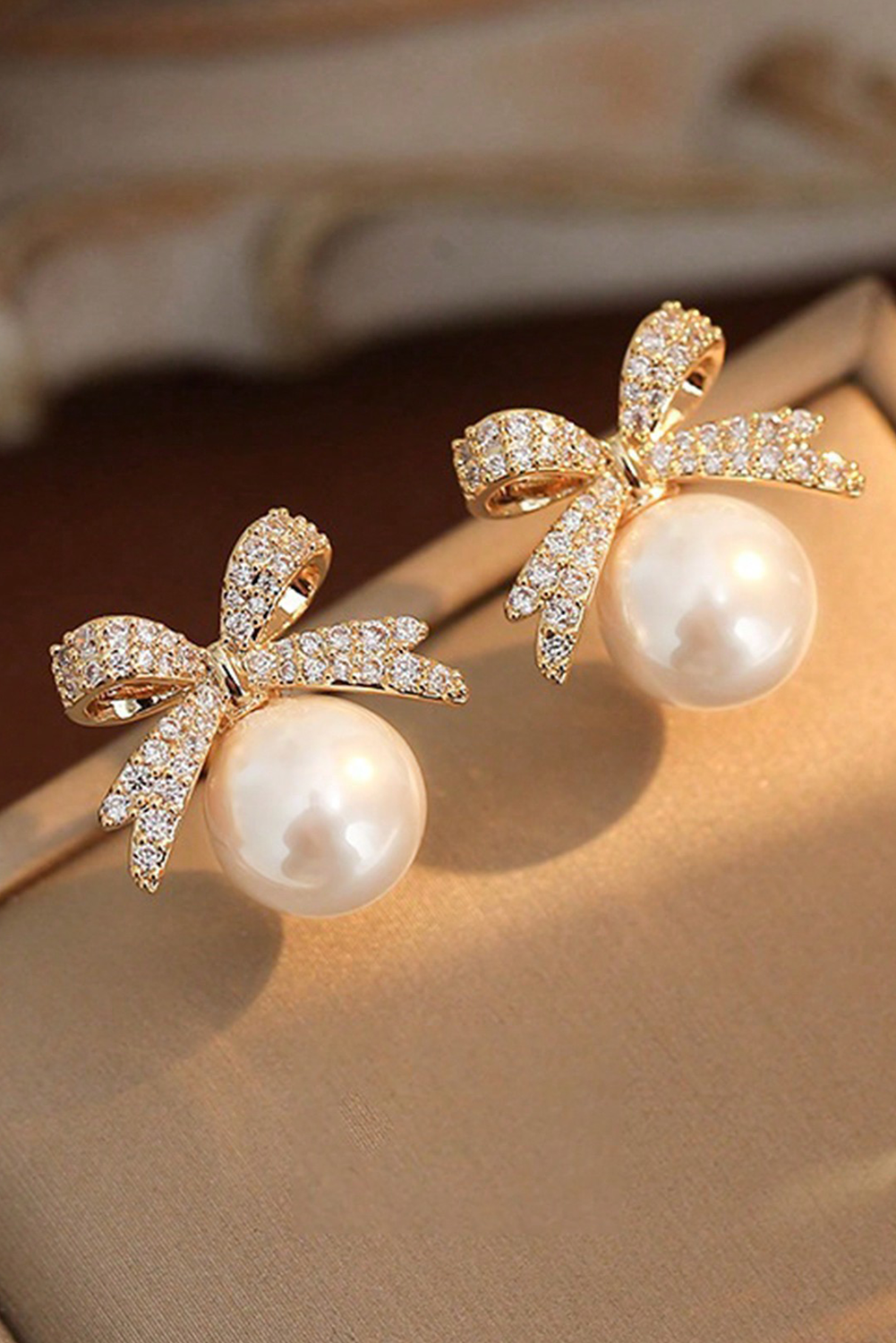 Ellis Rhinestone Bowknot Pearl Earrings-1