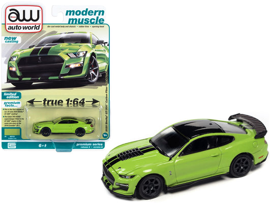 2020 Shelby GT500 Carbon Fiber Track Pack Grabber Lime Green with Black Stripes and Black Top "Modern Muscle" Limited Edition 1/64 Diecast Model Car by Auto World