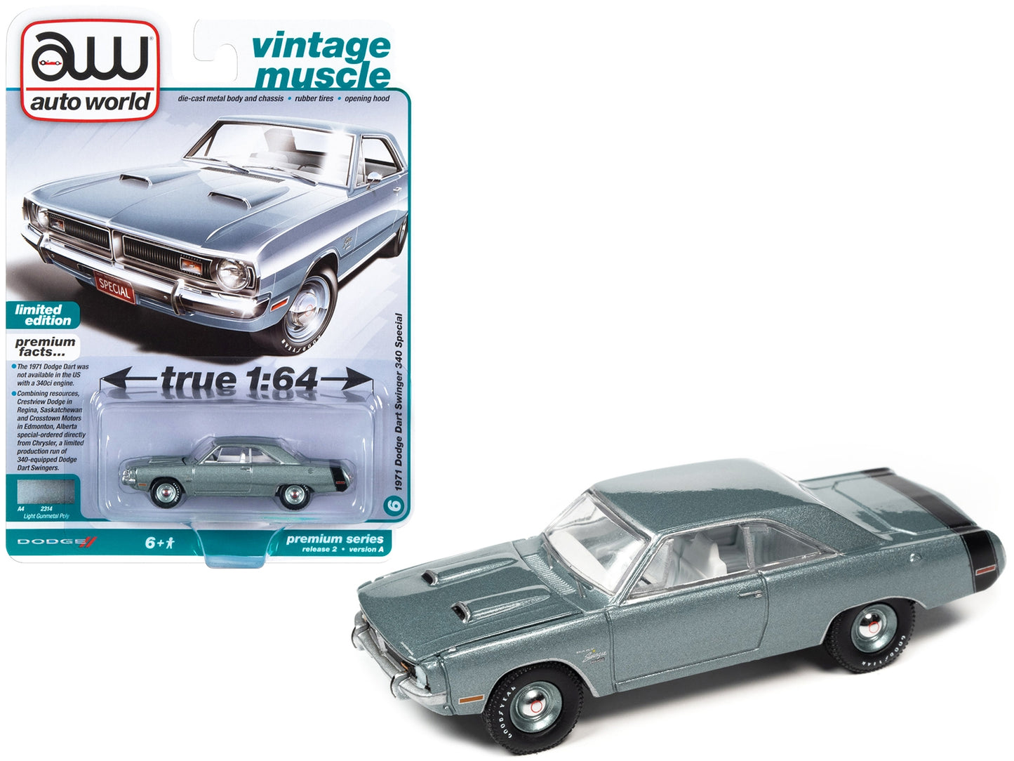 1971 Dodge Dart Swinger 340 Special Light Gunmetal Gray Metallic with Black Tail Stripe "Vintage Muscle" Limited Edition 1/64 Diecast Model Car by Auto World