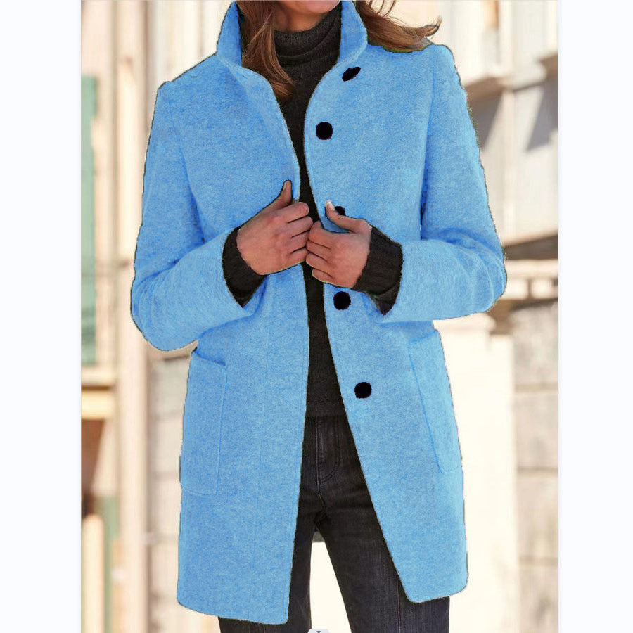 Women's Stand Collar Woolen Coat - Slim Fit Fall and Winter Button Front Trench Coat with Pockets Best YouTube Store