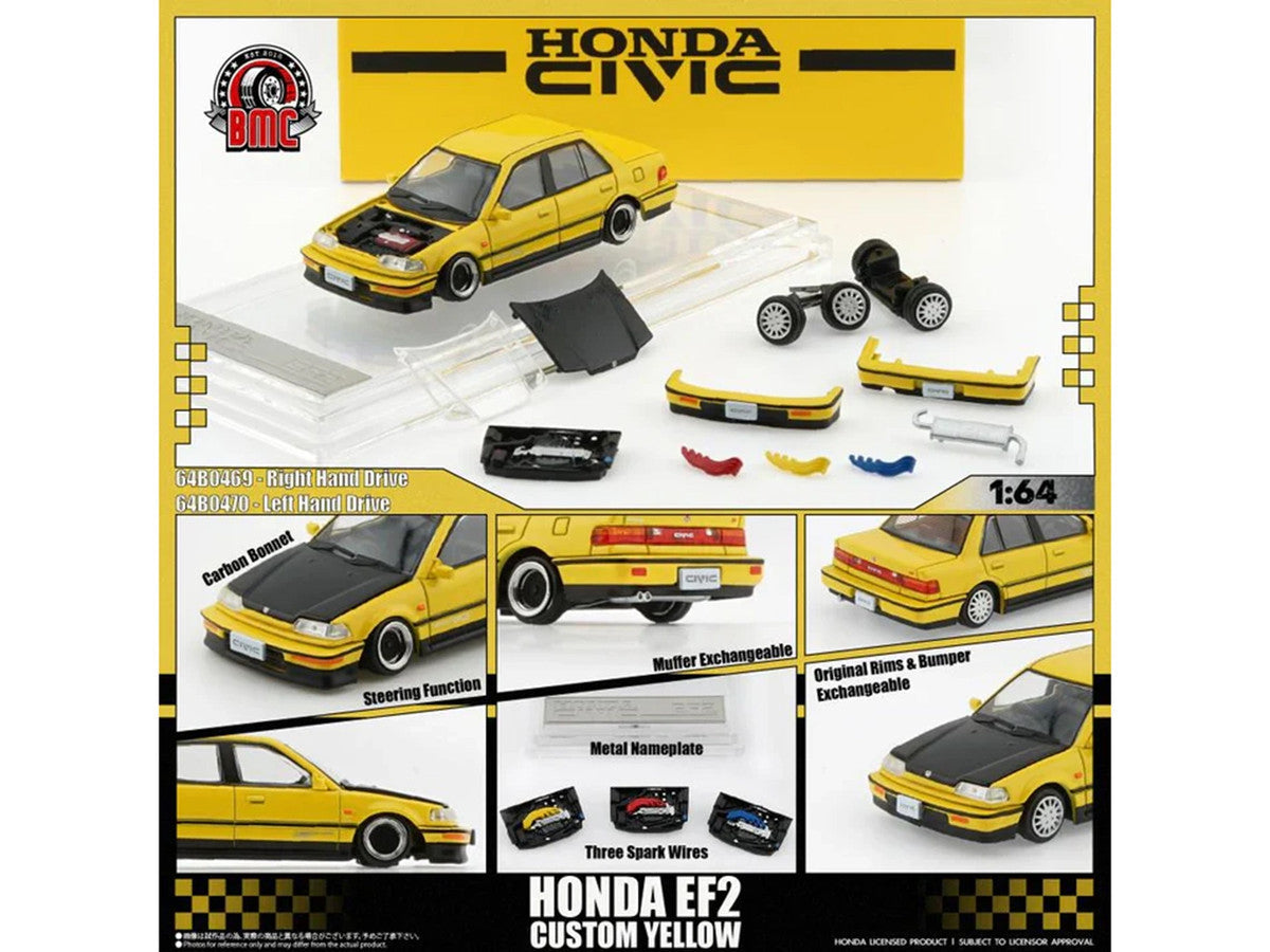 Honda Civic EF2 Custom Yellow with Alternate Parts 1/64 Diecast Model Car by BM Creations BM Creations