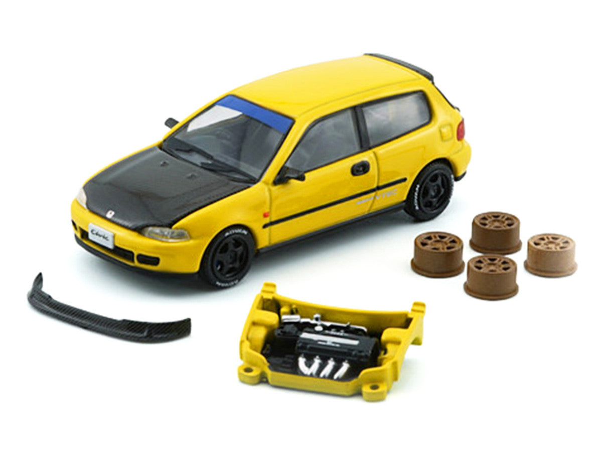 Honda Civic EG6 RHD (Right Hand Drive) Yellow with Carbon Hood with Alternates 1/64 Diecast Model Car by BM Creations BM Creations