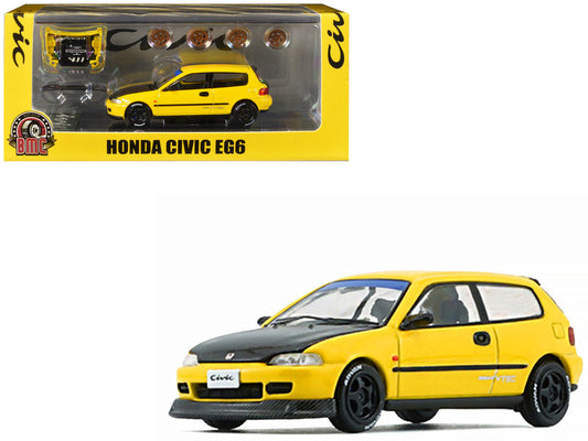 Honda Civic EG6 RHD (Right Hand Drive) Yellow with Carbon Hood with Alternates 1/64 Diecast Model Car by BM Creations BM Creations