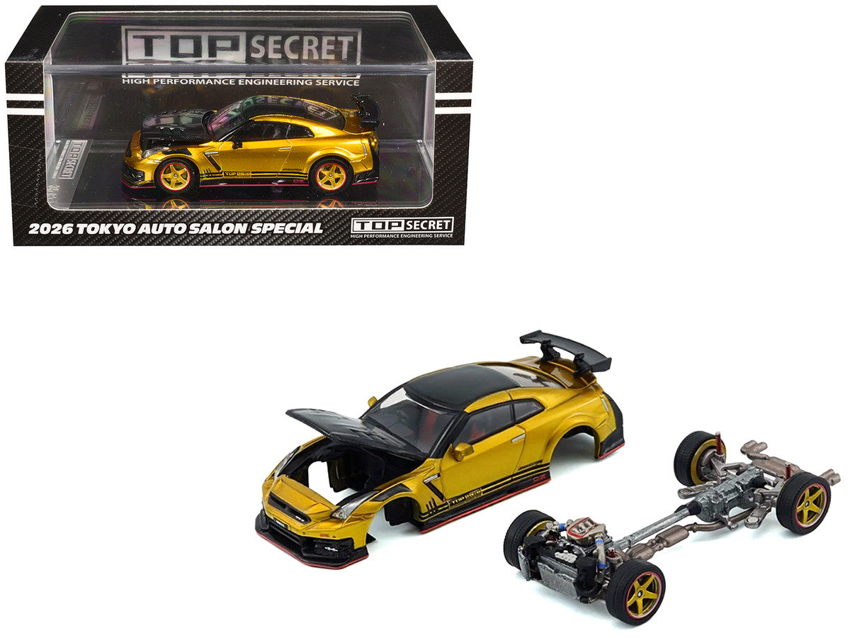 Nissan "Top Secret" GT-R (R35) RHD (Right Hand Drive) Gold Metallic with Carbon Hood and Top "Tokyo Auto Salon 2026" 1/64 Diecast Model Car by BM Creations BM Creations