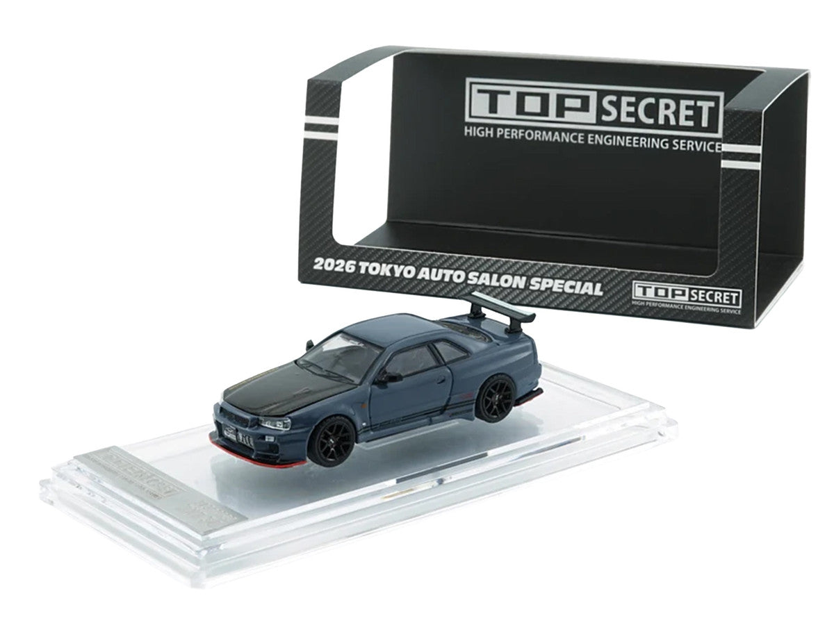 Nissan "Top Secret" Skyline GT-R (BNR34) RHD (Right Hand Drive) Stealth Gray with Carbon Hood "Tokyo Auto Salon 2026" 1/64 Diecast Model Car by BM Creations BM Creations