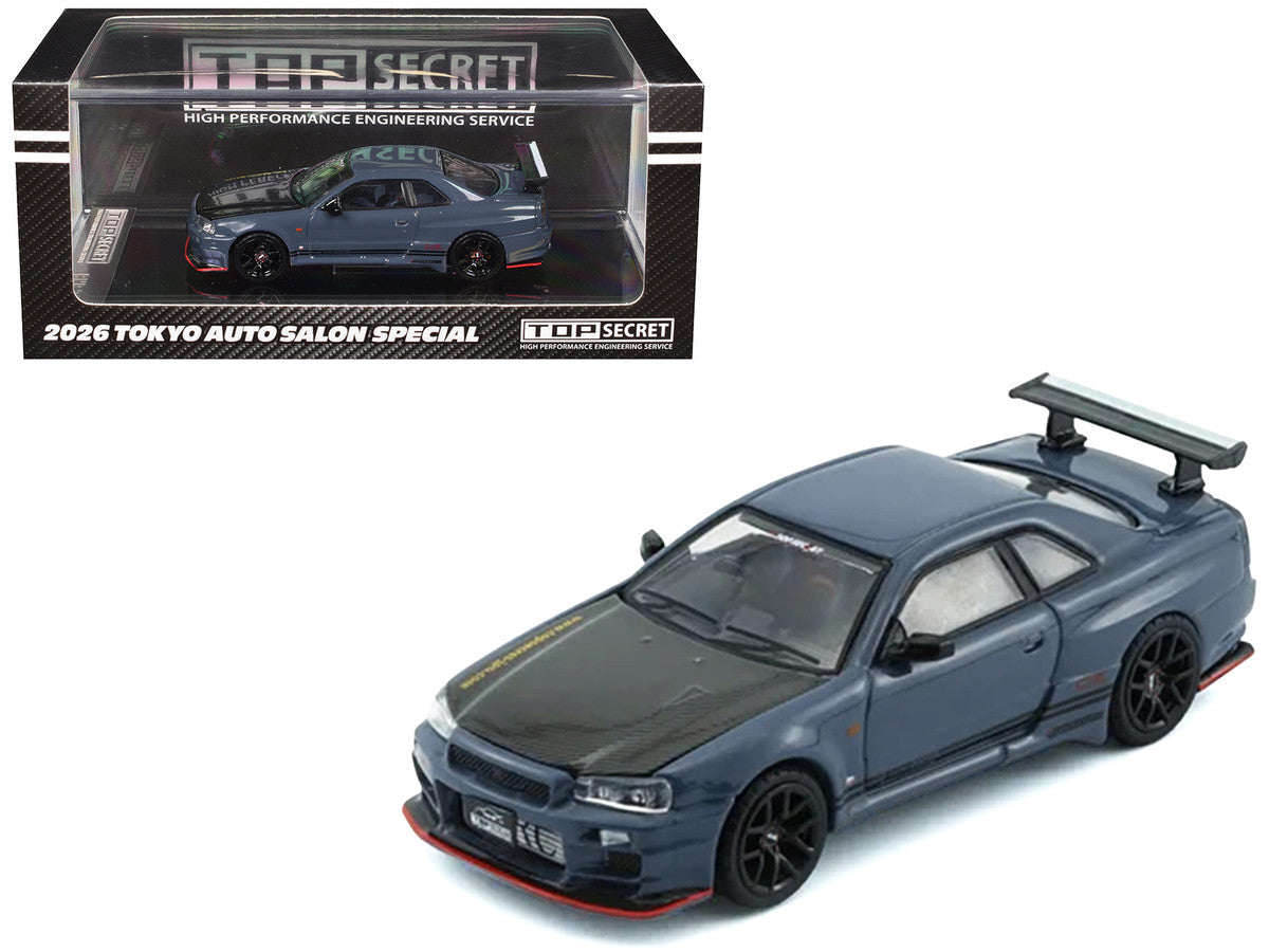 Nissan "Top Secret" Skyline GT-R (BNR34) RHD (Right Hand Drive) Stealth Gray with Carbon Hood "Tokyo Auto Salon 2026" 1/64 Diecast Model Car by BM Creations BM Creations