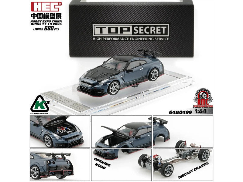 Nissan "Top Secret" GT-R (R35) RHD (Right Hand Drive) Stealth Gray with Carbon Hood and Top "Hobby Expo China 2026" 1/64 Diecast Model Car by BM Creations BM Creations