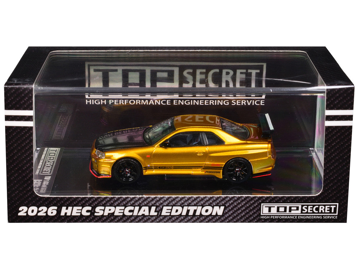 Nissan "Top Secret" Skyline GT-R (BNR34) RHD (Right Hand Drive) Gold Metallic with Carbon Hood "Hobby Expo China 2026" 1/64 Diecast Model Car by BM Creations BM Creations