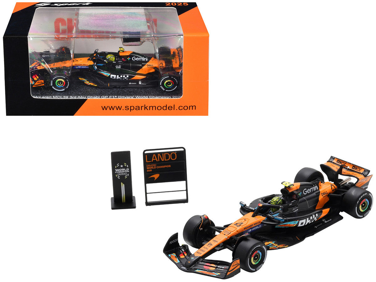 McLaren MCL39 #4 Lando Norris 3rd Place Formula One F1 "Abu Dhabi GP GP" (2025) "Drivers' World Champion 2025" with Pit Board 1/64 Model Car by Spark Spark