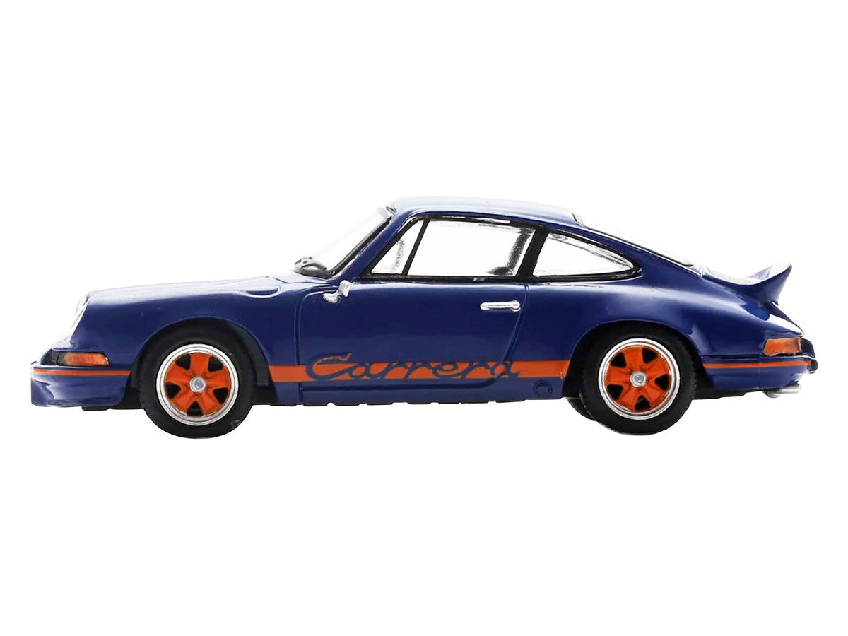 1973 Porsche 911 RS 2.7 Blue with Orange Stripes 1/64 Model Car by Spark-1