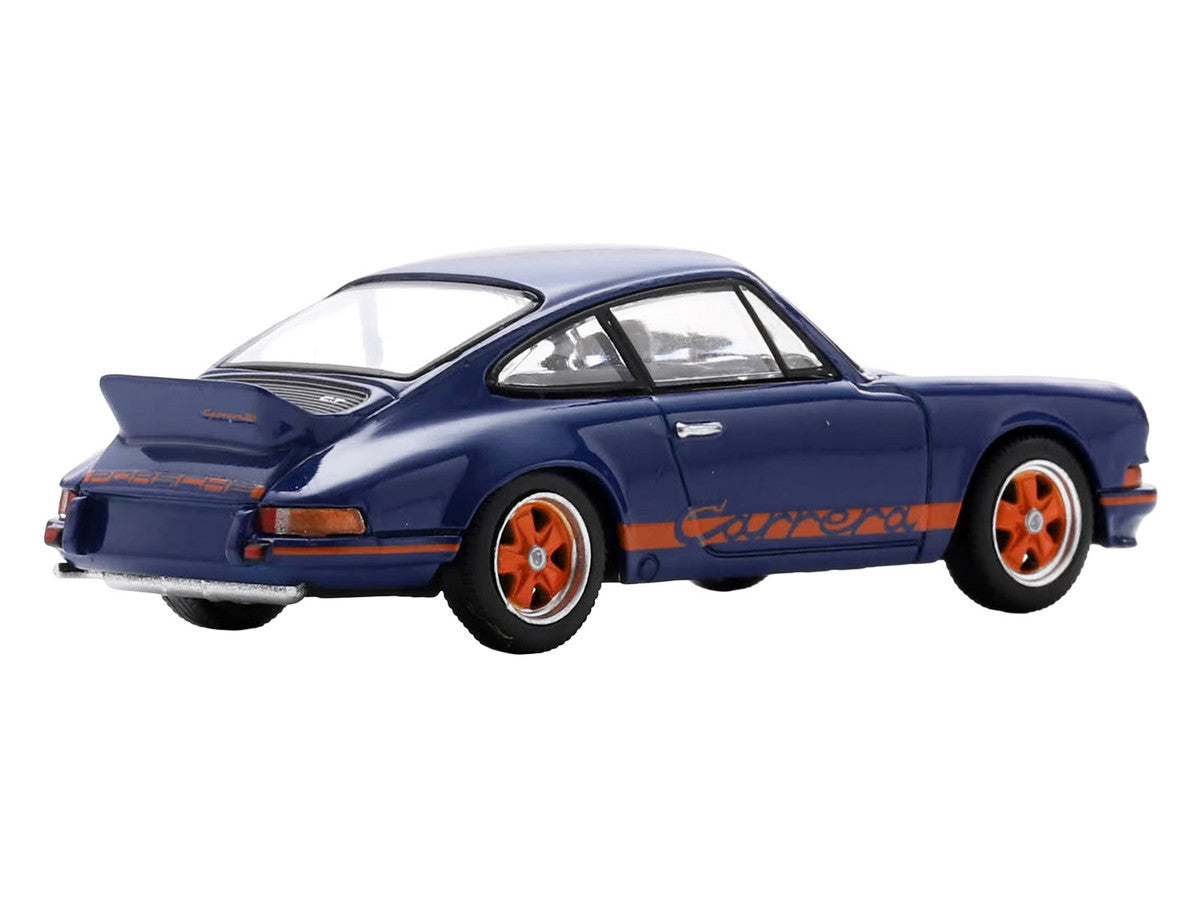 1973 Porsche 911 RS 2.7 Blue with Orange Stripes 1/64 Model Car by Spark-0