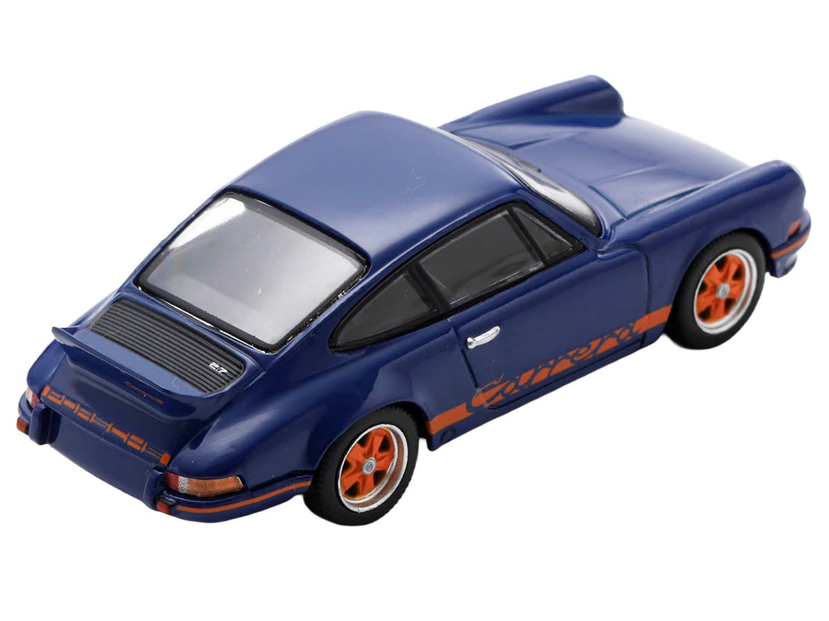 1973 Porsche 911 RS 2.7 Blue with Orange Stripes 1/64 Model Car by Spark-3