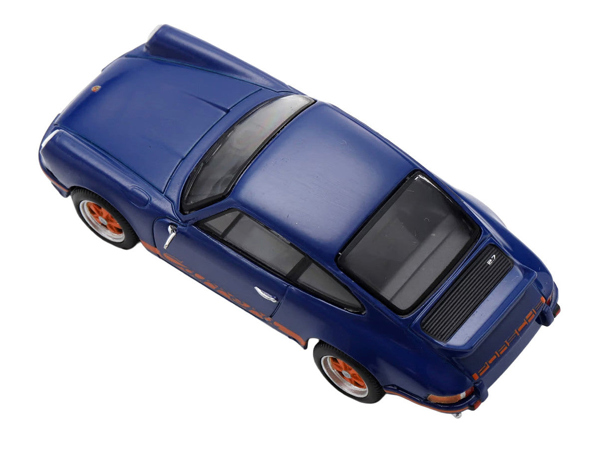 1973 Porsche 911 RS 2.7 Blue with Orange Stripes 1/64 Model Car by Spark-2