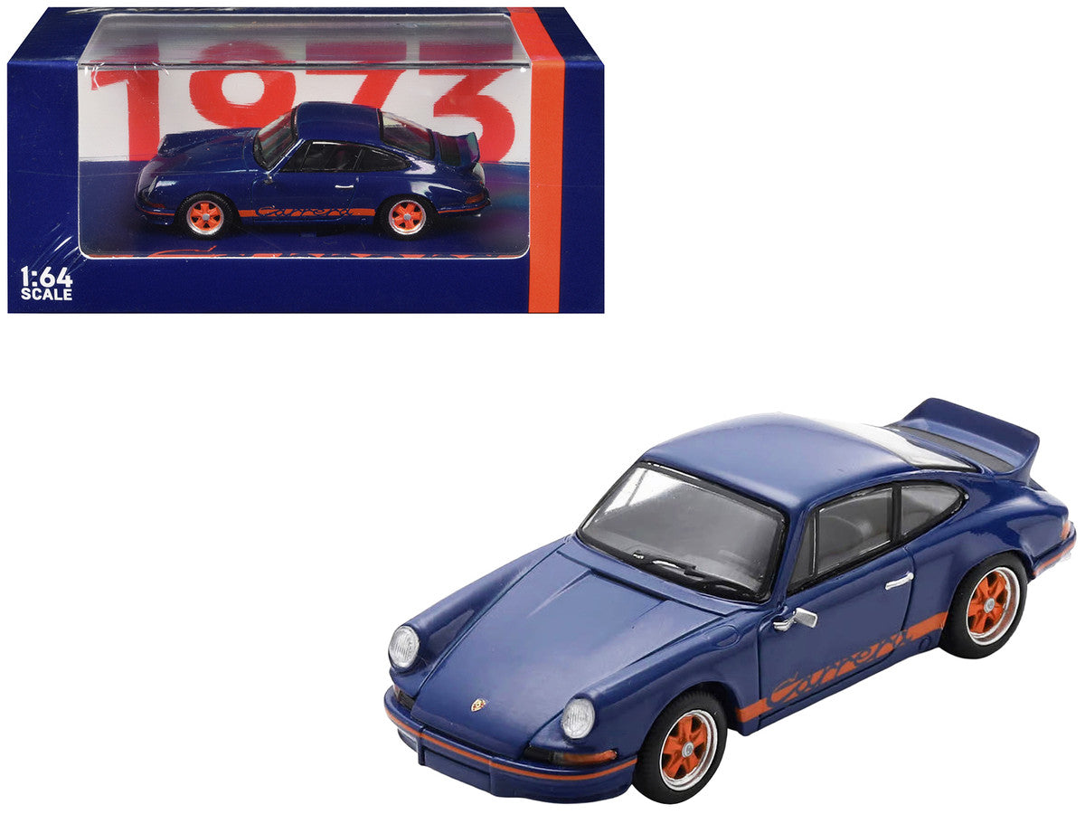 1973 Porsche 911 RS 2.7 Blue with Orange Stripes 1/64 Model Car by Spark-4