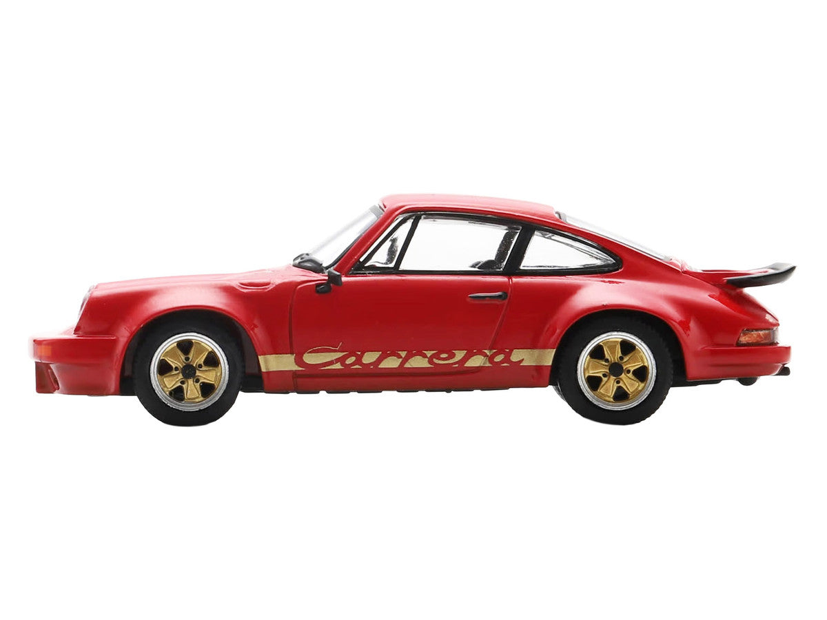 1974 Porsche 911 Carrera RS 3.0 Red with Gold Stripes 1/64 Model Car by Spark-0
