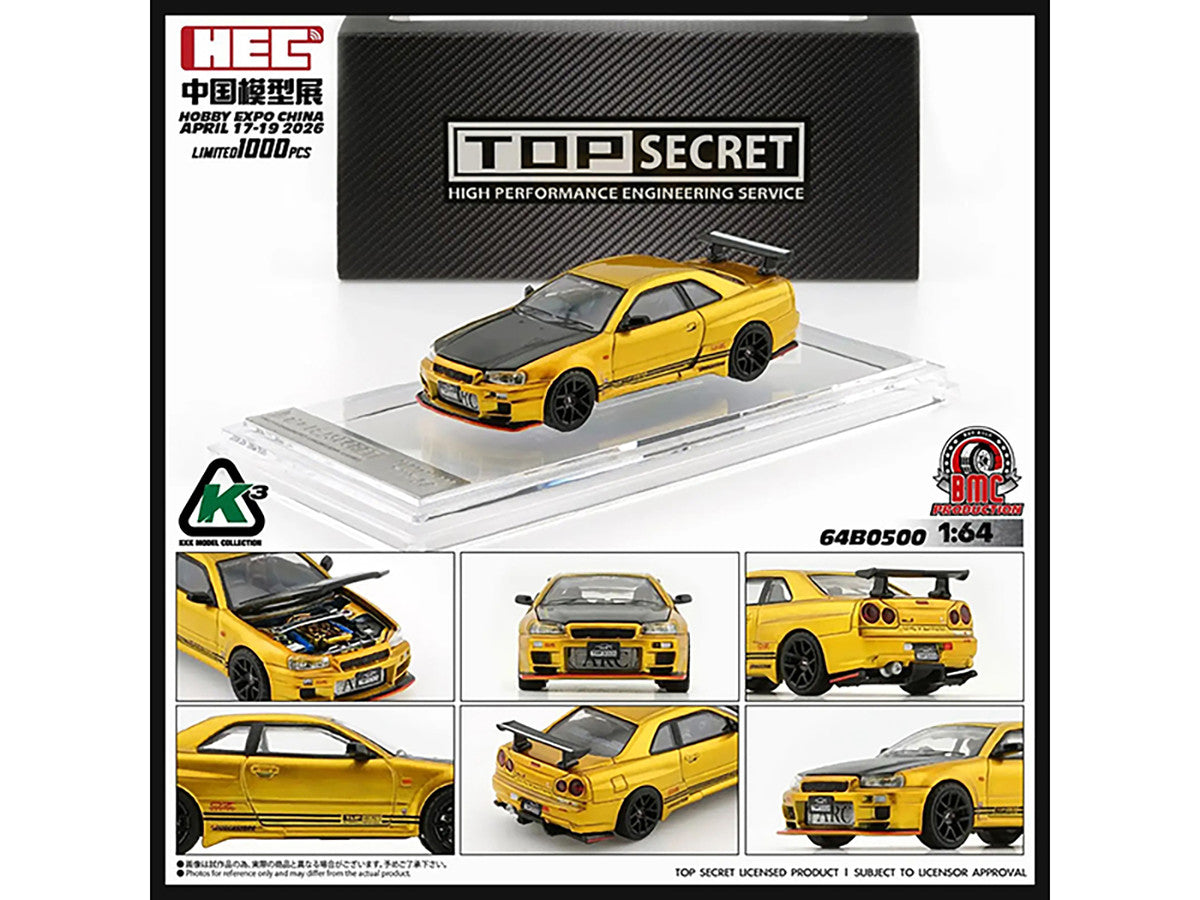 Nissan "Top Secret" Skyline GT-R (BNR34) RHD (Right Hand Drive) Gold Metallic with Carbon Hood "Hobby Expo China 2026" 1/64 Diecast Model Car by BM Creations BM Creations