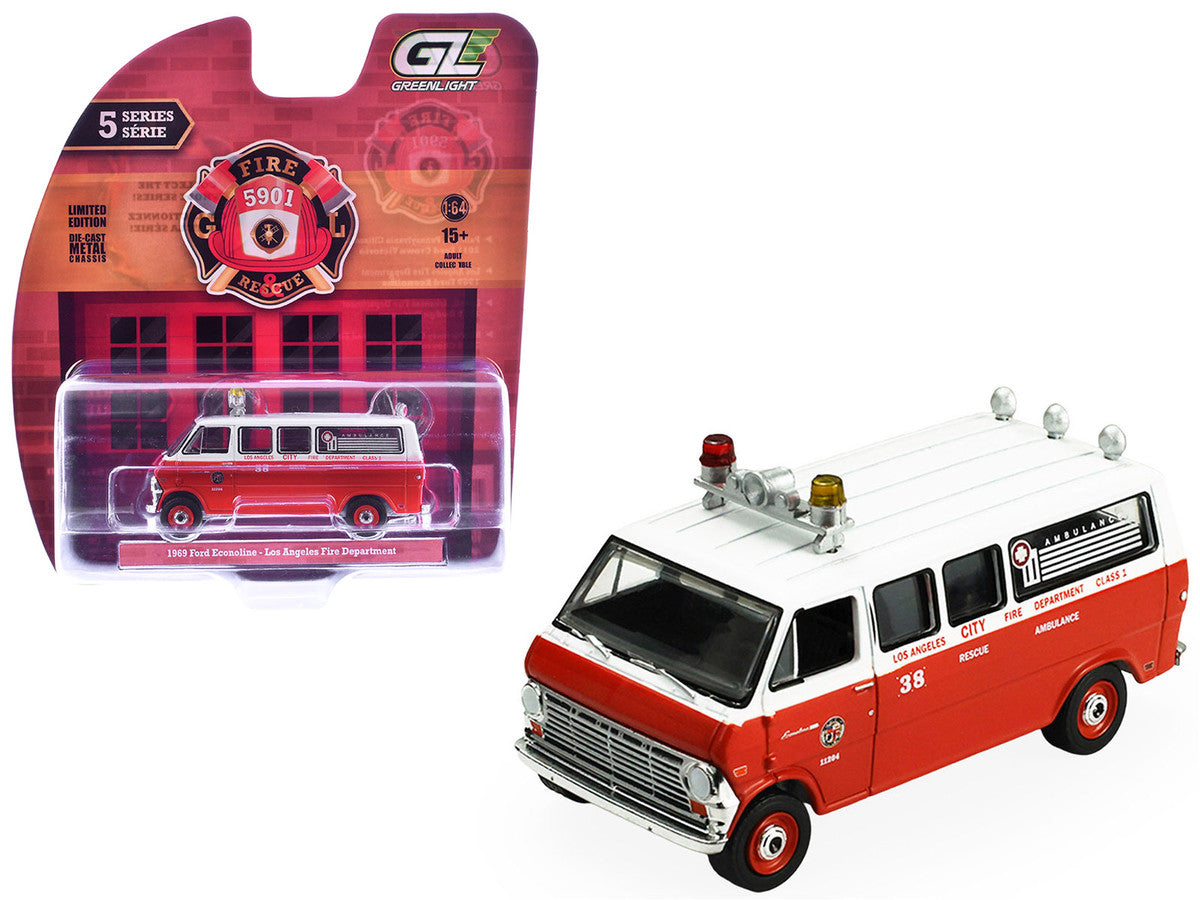 1969 Ford Econoline Ambulance "Los Angeles Fire Department" Red and White "Fire & Rescue" Series #5 1/64 Diecast Model Car by Greenlight Greenlight