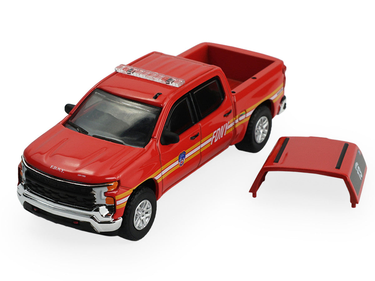 2023 Chevrolet Silverado Pickup Truck with Camper Shell "FDNY (New York City Fire Department)" Red with Stripes "Fire & Rescue" Series #5 1/64 Diecast Model Car by Greenlight-3