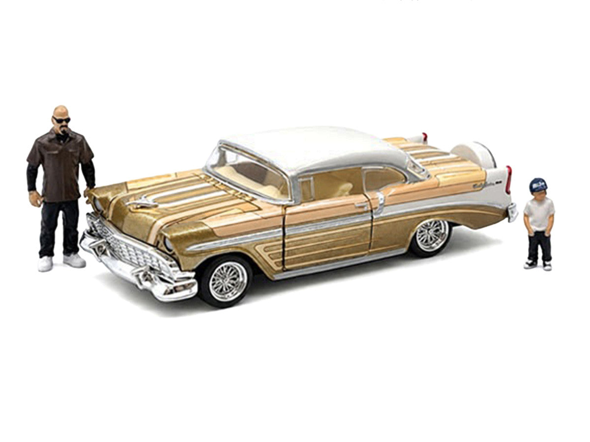 1956 Chevrolet Bel Air Lowrider Gold Metallic with Gold Interior and White Top with 2 Figures Limited Edition to 4400 pieces Worldwide 1/64 Diecast Model Car by M2 Machines M2