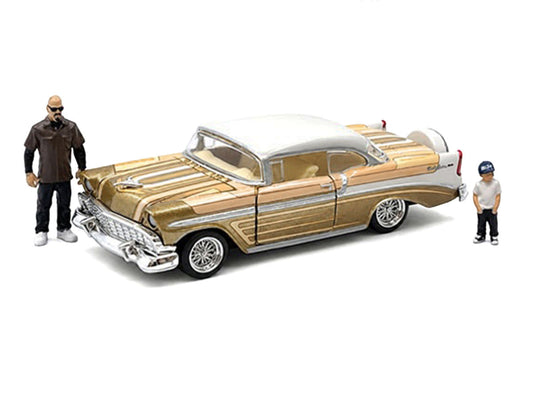 1956 Chevrolet Bel Air Lowrider Gold Metallic with Gold Interior and White Top with 2 Figures Limited Edition to 4400 pieces Worldwide 1/64 Diecast Model Car by M2 Machines M2