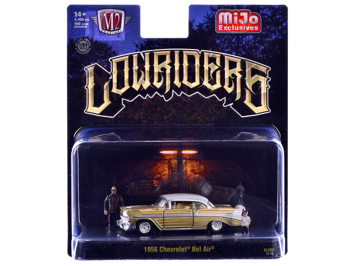 1956 Chevrolet Bel Air Lowrider Gold Metallic with Gold Interior and White Top with 2 Figures Limited Edition to 4400 pieces Worldwide 1/64 Diecast Model Car by M2 Machines M2