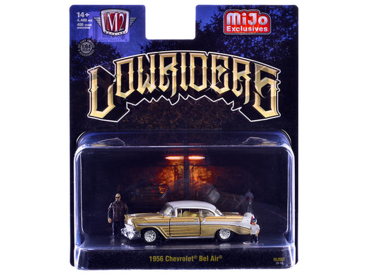 1956 Chevrolet Bel Air Lowrider Gold Metallic with Gold Interior and White Top with 2 Figures Limited Edition to 4400 pieces Worldwide 1/64 Diecast Model Car by M2 Machines M2