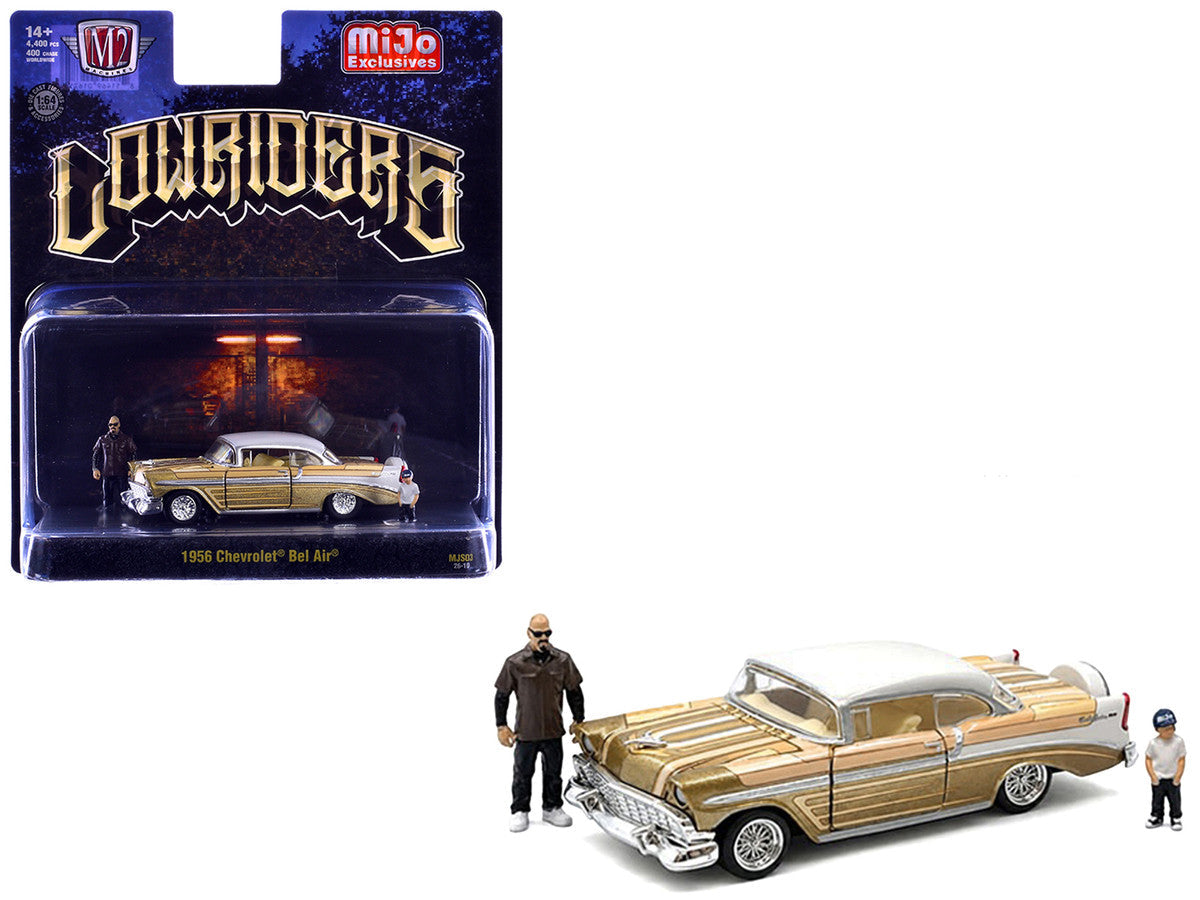 1956 Chevrolet Bel Air Lowrider Gold Metallic with Gold Interior and White Top with 2 Figures Limited Edition to 4400 pieces Worldwide 1/64 Diecast Model Car by M2 Machines M2